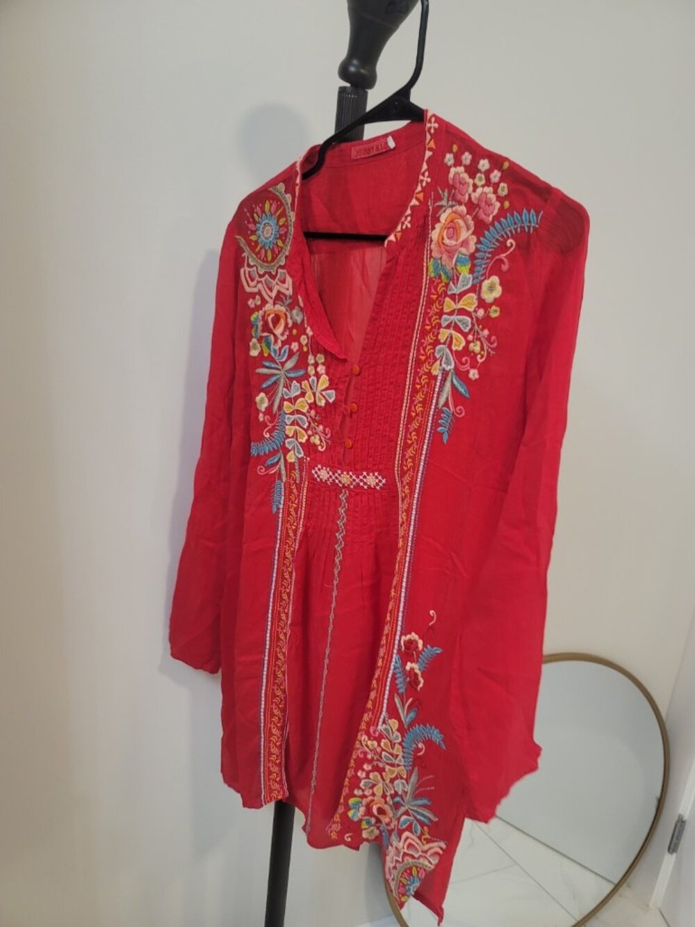 Johnny Was Red Embroidered V-Neck Tunic